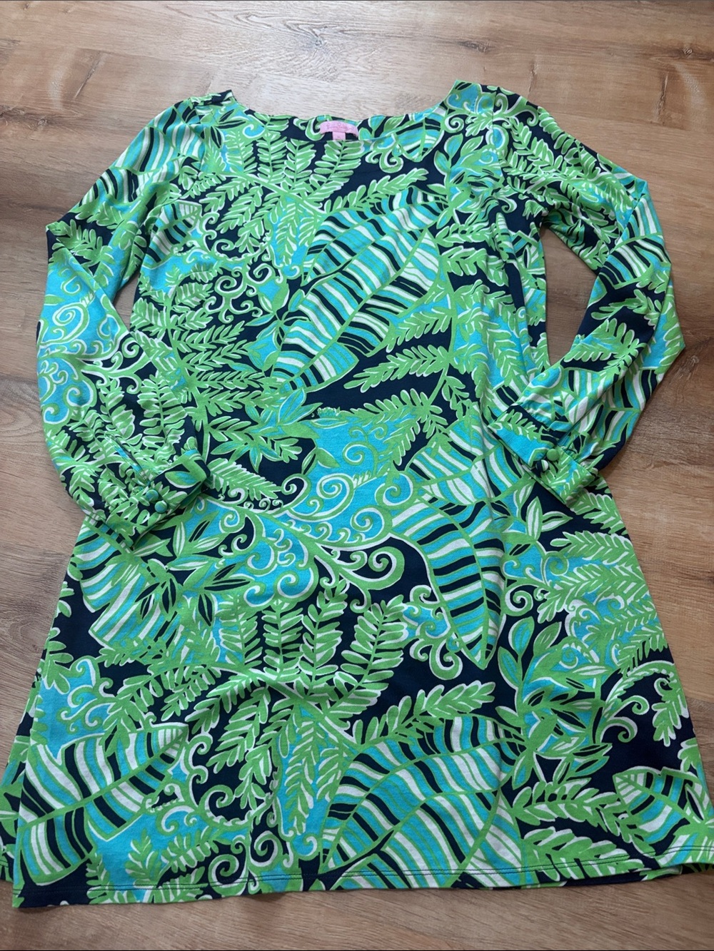 Lilly Pulitzer Ritchie Dress Cotton/Silk Blend blue green leaf print XL